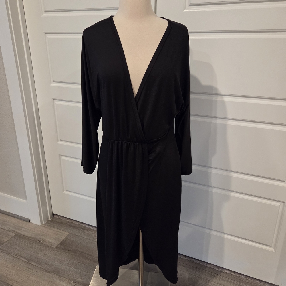 Women's Black Long Sleeve Faux Wrap Dress Size XL